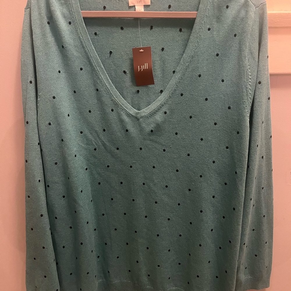 J. Jill Teal V-Neck Sweater with Black Polka Dots